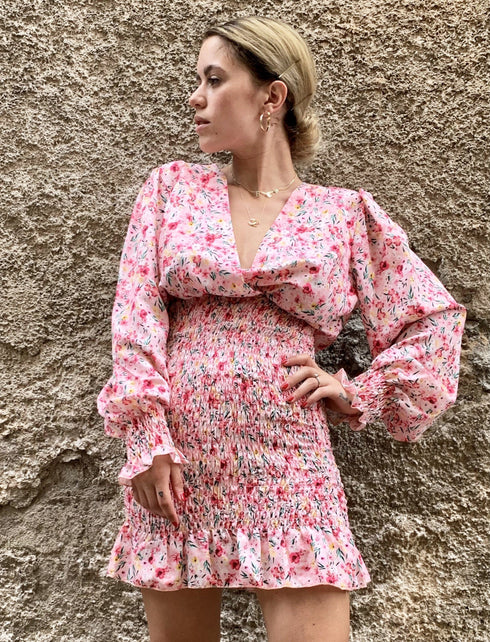 Abito fantasia floreale arricciato con scollo profondo